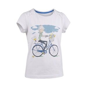 Tu Kids White Glitter‎ Bicycle Girl Graphic T-Shirt Bow Shoulder Cotton Size 5Y